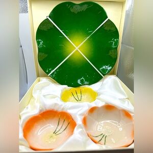 Floral Ceramic Dish Set in Green, Yellow, and Orange